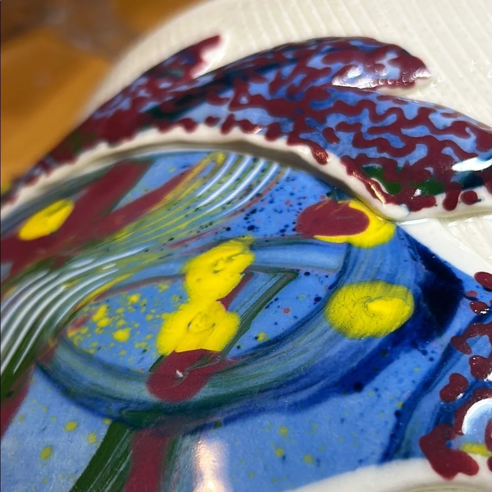 Artist Lucinda signed pottery fish Wall pocket Colorful Decor